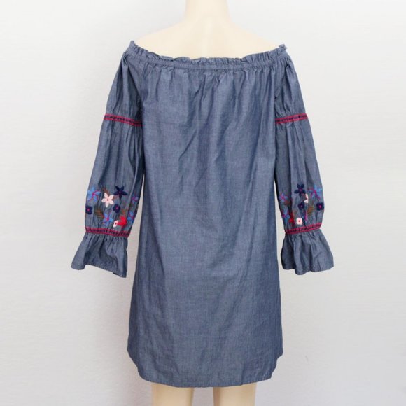 Max Studio 100% Cotton Floral Embroidered Off Shoulder Denim Chambray Dress M - Picture 8 of 15